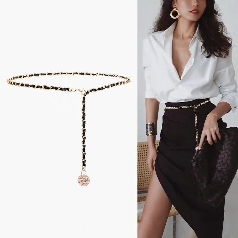 Single Layer Gold Ladies Black PU Dress Waist Chain Belt With Round Bead Heart Flower