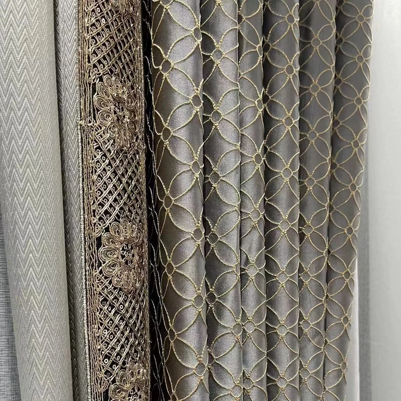 Custom Luxury Grey Embroidery Fabric Curtains And Drapes With Trimming For Elegant Living Room