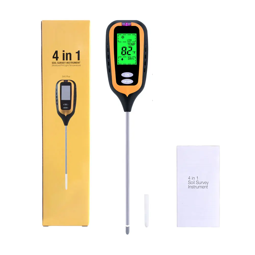 New 4 IN 1 Digital Soil Moisture Meter PH Meter Temperature Sunlight Tester for Garden Farm Lawn Plant with LCD Displayer
