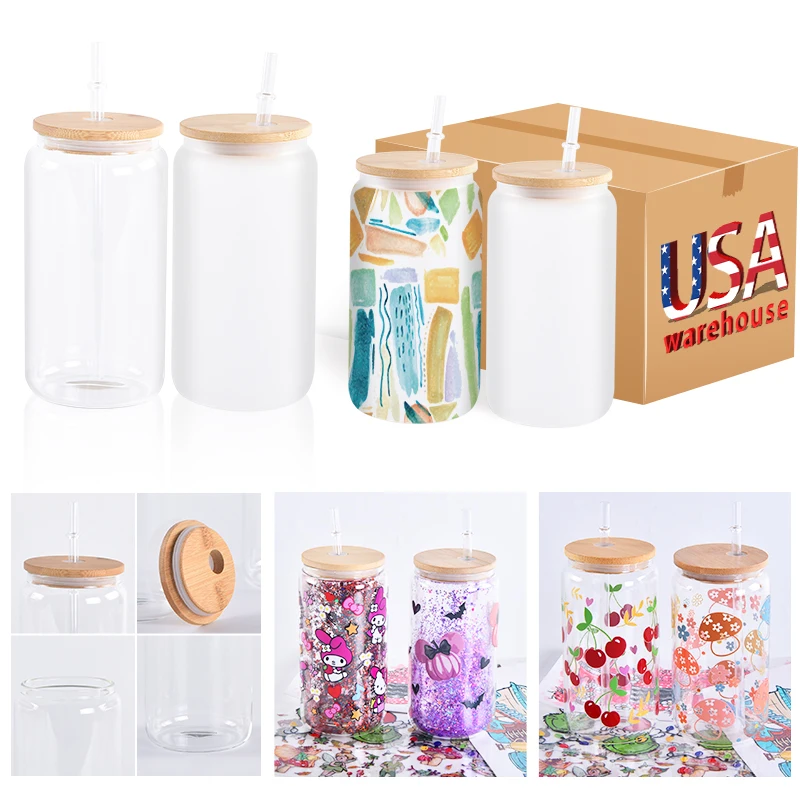 Usa Warehouse Custom 16Oz 20 Oz Soda Beer Jars Can Shaped Double Walled Snow Globe Frosted Glass Cup With Lids And Straws
