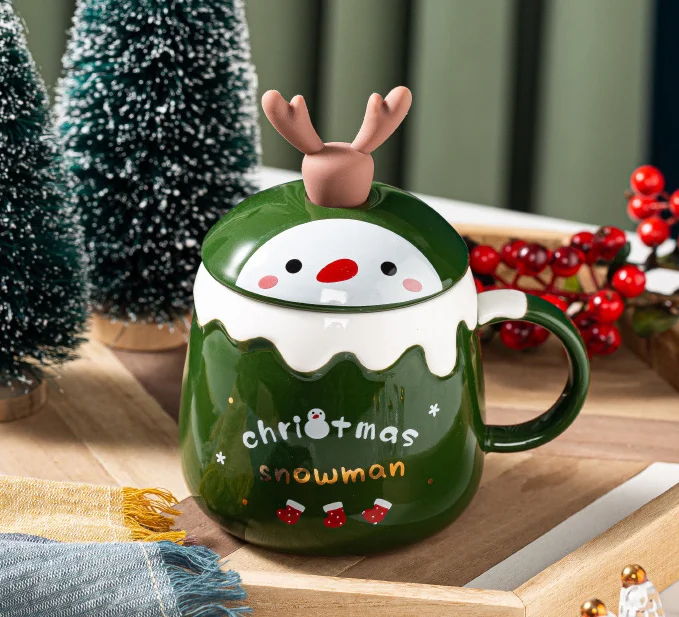 Creative Christmas Mug Cup With Spoon Cute Elk Christmas Cup Ceramic Coffee cup with lid for Christmas present