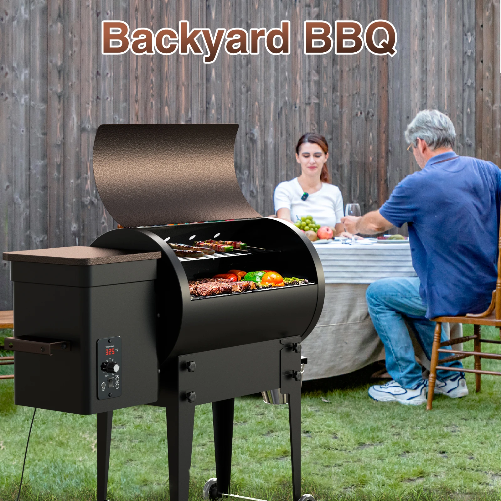 Portable Outdoor Smoker Barrel Wood Pellet Grill Smoker Grill with Side and Front Table for Backyard Patio