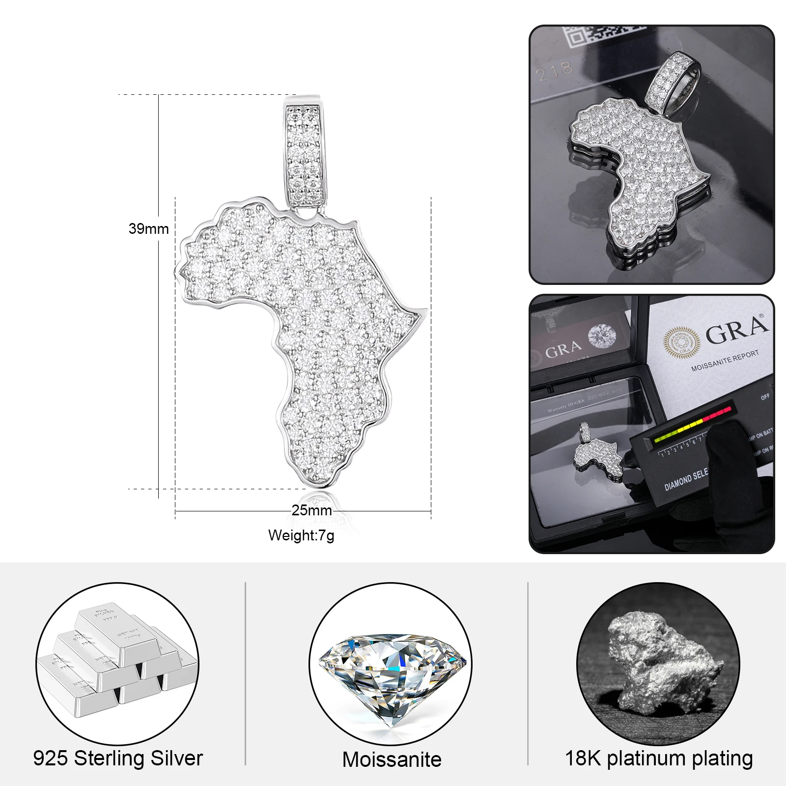Wholesale Hip Hop Jewelry White Gold Plated 925 Sterling Silver VVS Moissanite Diamond Iced Out Africa Map Pendant For Men