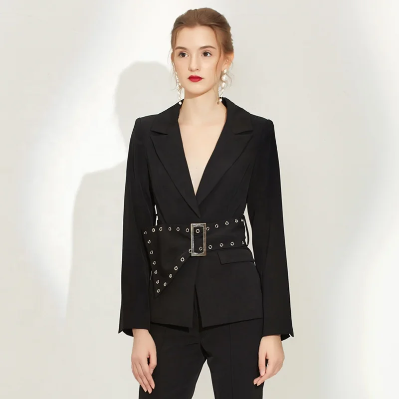 Крутой женский костюм из 2 предметов, блейзер и брюки черного цвета, женские костюмы с поясом