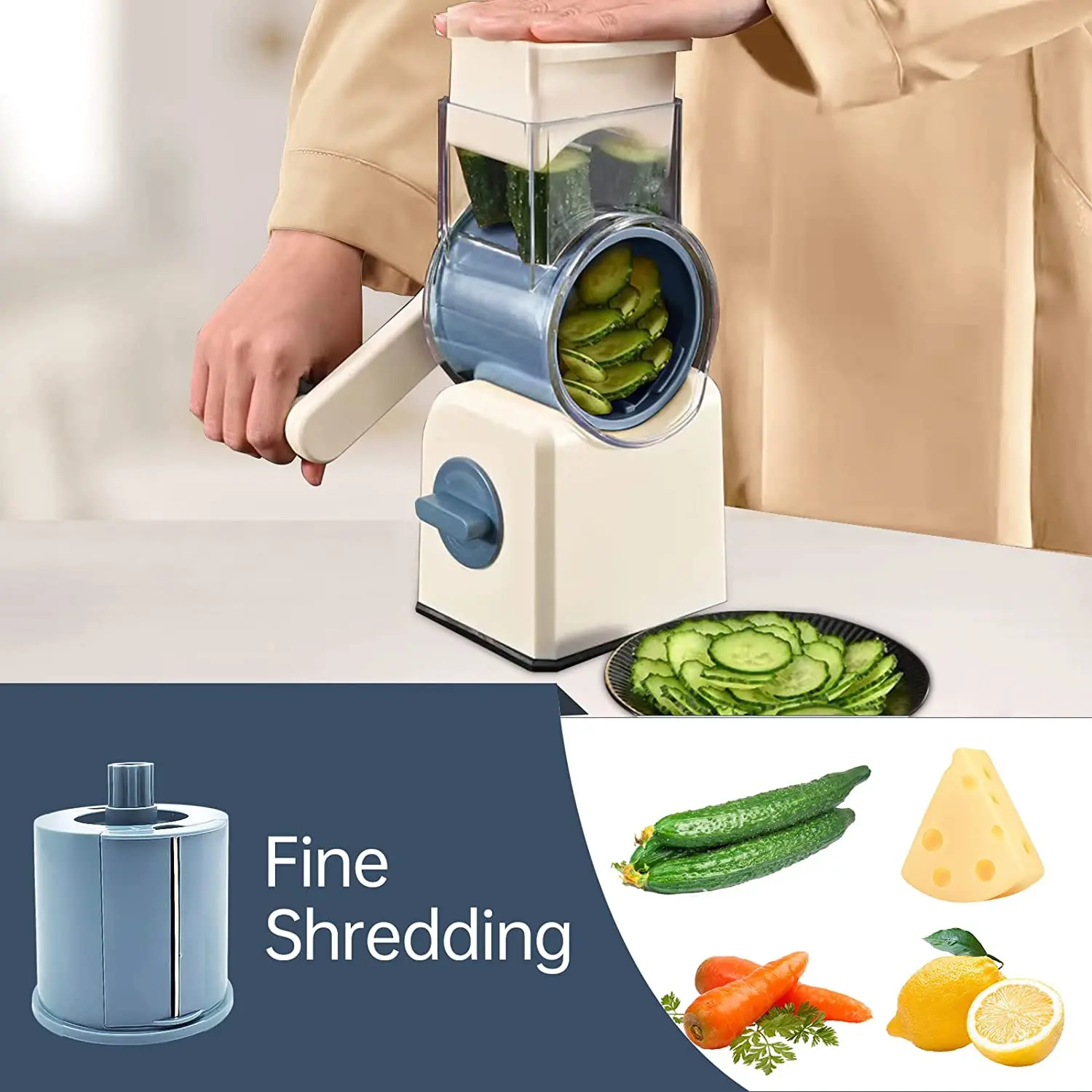 Kitchen 3 In 1 Manual Drum Rotary Cheese Grater Round Mandoline Vegetable Cutter/Slicer/Chopper Safe Food Grinder