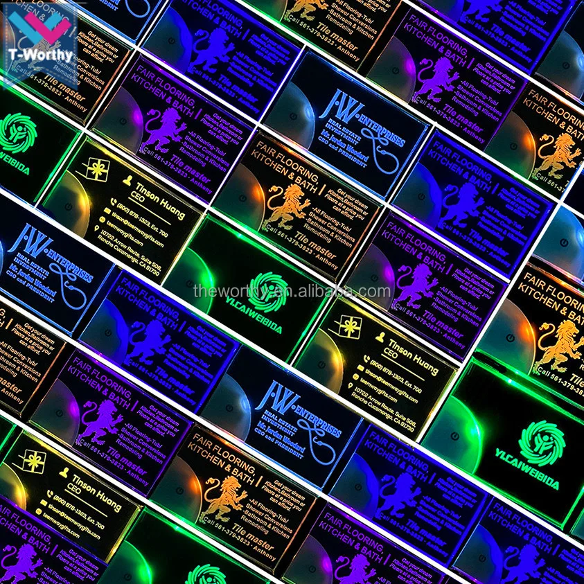 T-Worthy Customized Logo Laser Engraved LED Business Card Acrylic Brand Name Glowing LED Light Up Business Card