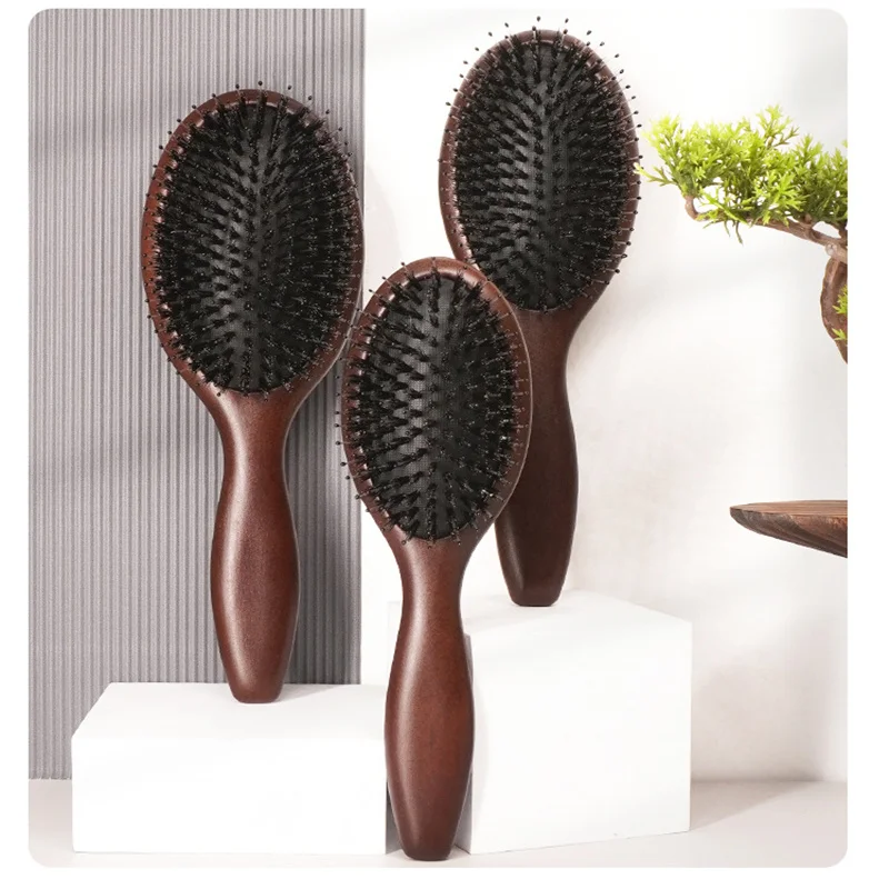 Eco friendly Custom Logo Wooden Hair Brush Hairbrush Boar Bristle Synthetic Massage Comb Hair Detangling