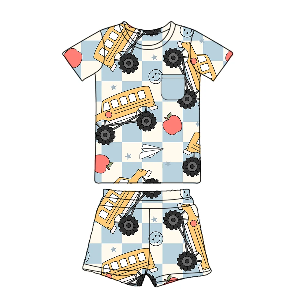 Back to School apple Checkered boy Outfit Monster Truck School Bus boys short Set Monster bus cute Surface Summer kids Clothes