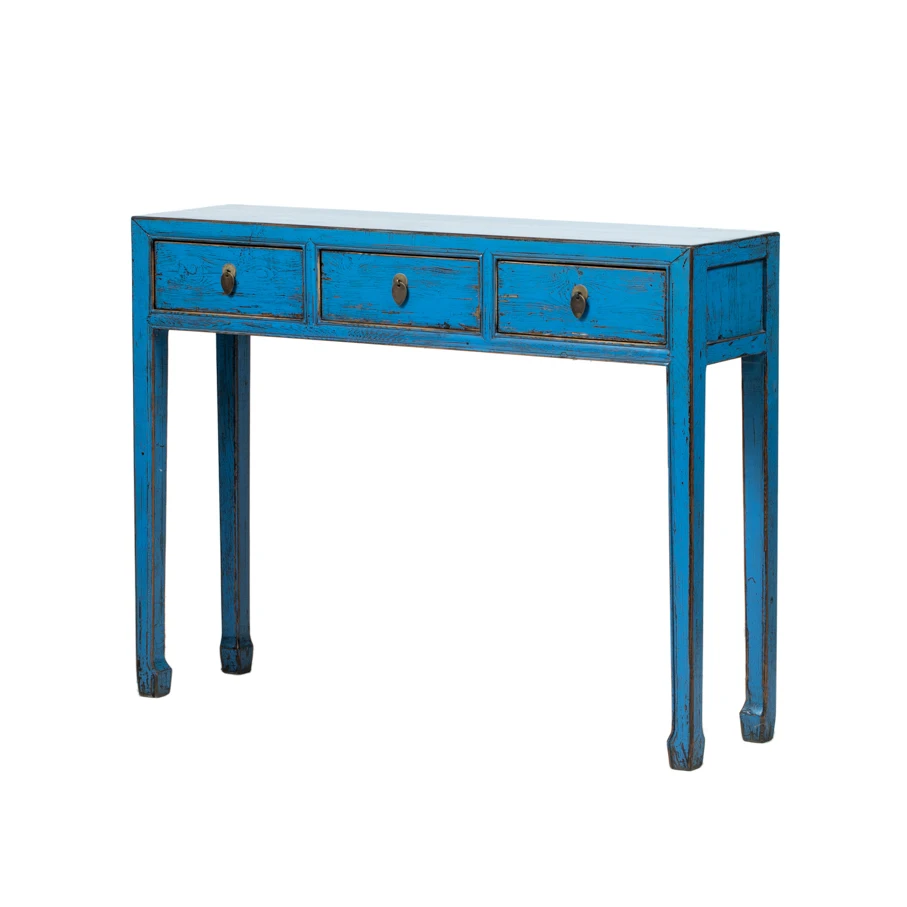 Chinese antique distressed lacquered solid wood three drawers table desk