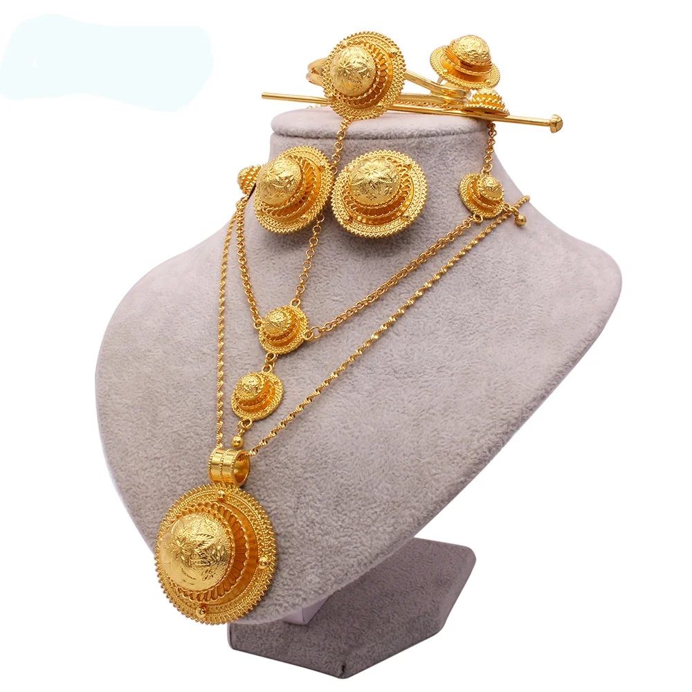 Новый дизайн Эфиопский Ювелирные наборы для женщин с покрытыем цвета чистого 24 каратного золота Дубай Habesha изделия Африканские свадебные подарок HWT83