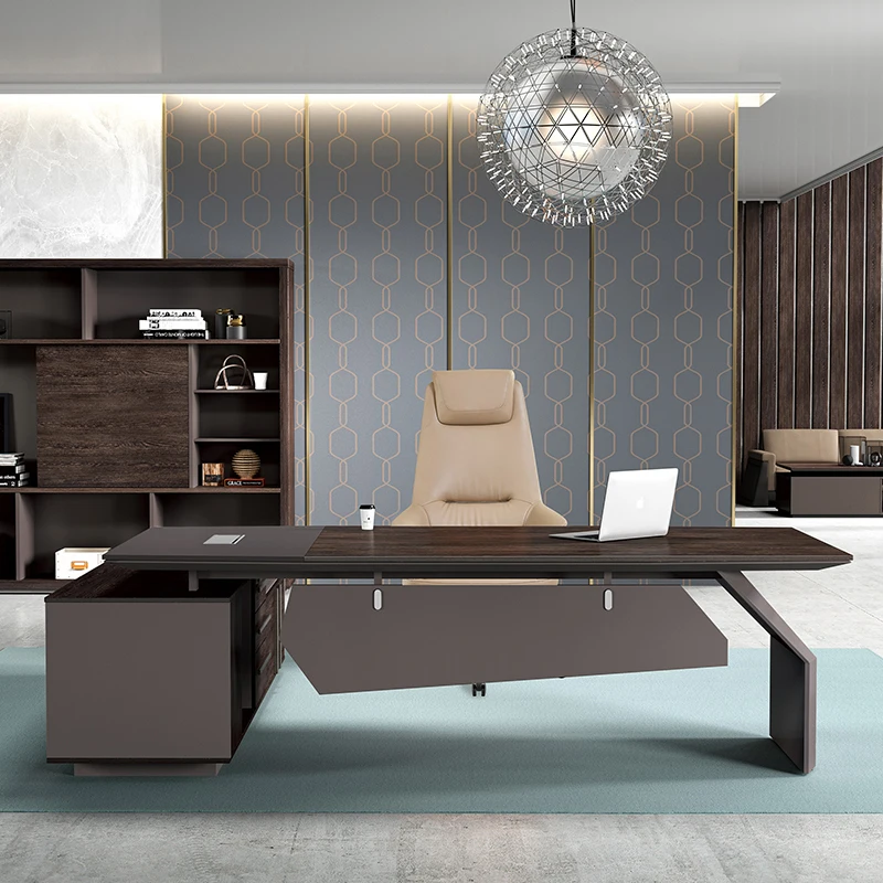 Pengpai custom modern l shaped walnut gray wood boss office executive desk set