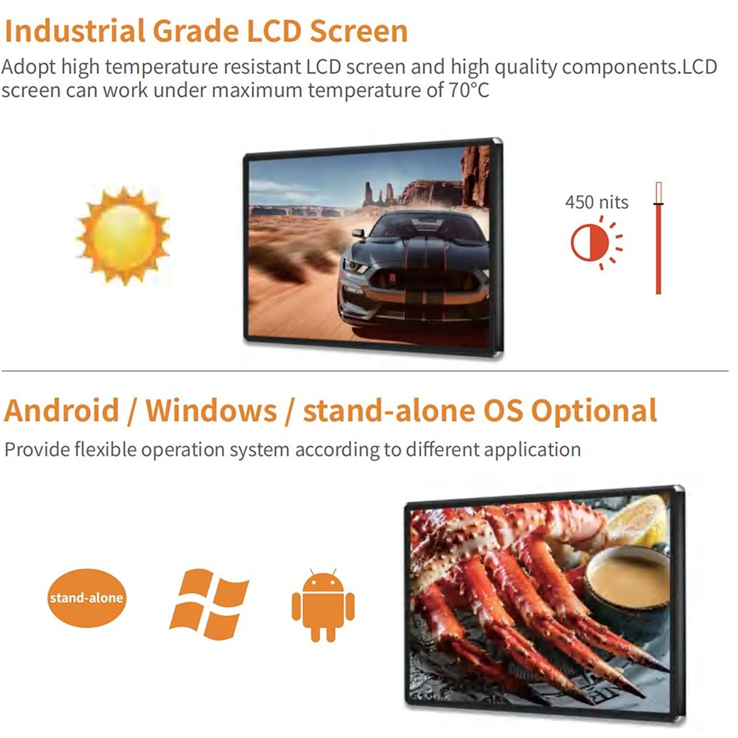 Super thin restaurant wall mount digital signage video wall lcd splicing screen vesa mountable lcd touch display