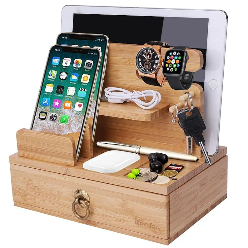 Rustic Bamboo Multiple Device Desktop Charging Dock Station Organizer Key Holder with Drawer for Watch AirPods iPad
