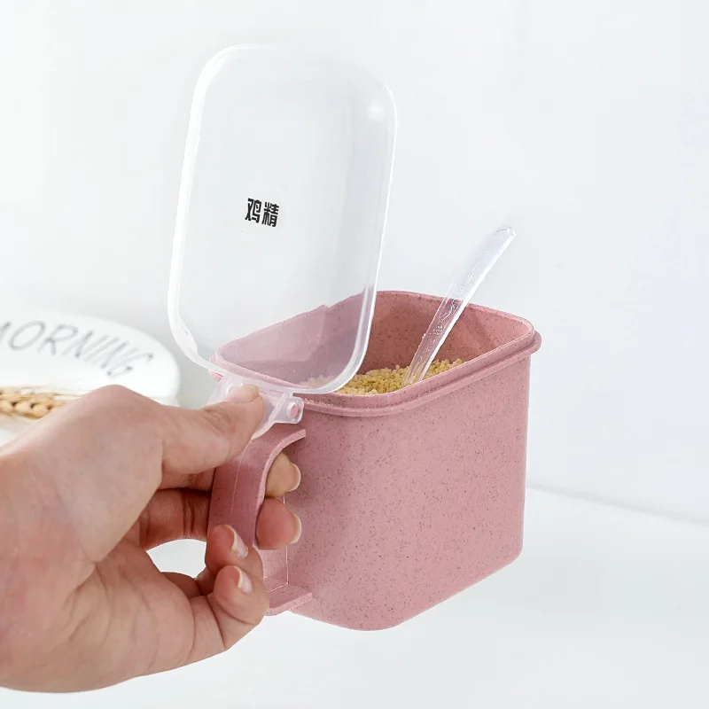 Condiment Jar Spice Container with Lids and Spoons, Clear Glass Condiment Canisters Pots Seasoning Box Salt Container Sugar Bowl