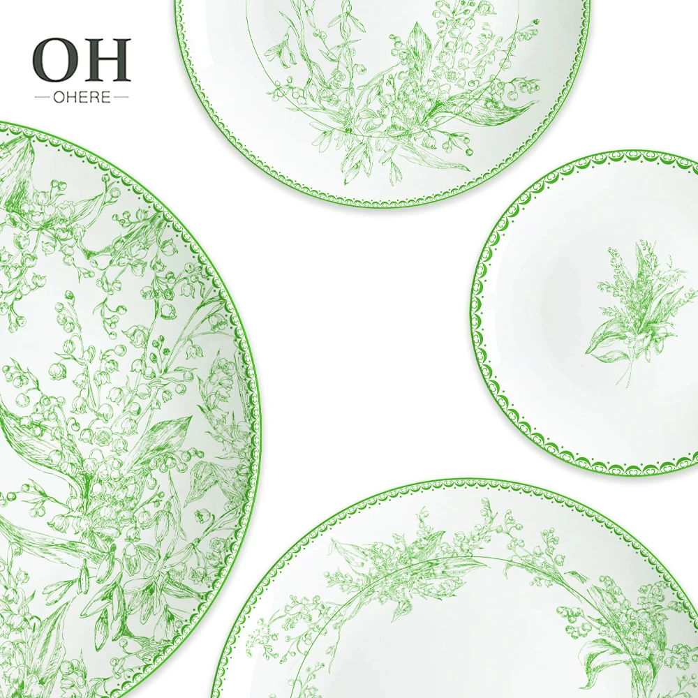 Green Floral Dinner Set Country Style Plate Set Dinnerware Luxury Bone China Tableware for Catering&Rental&Event