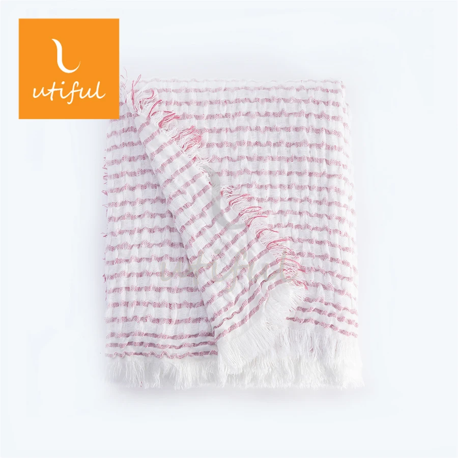 New cation purple acrylic and polyester mixed woven waffle throw with short tassel trims for sofa