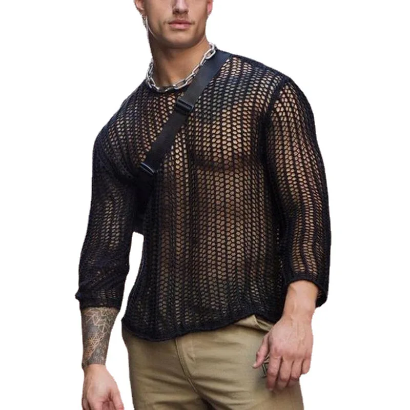 Summer new style men sexy hollow fit shirts plus size custom casual mesh long-sleeved t-shirt for men
