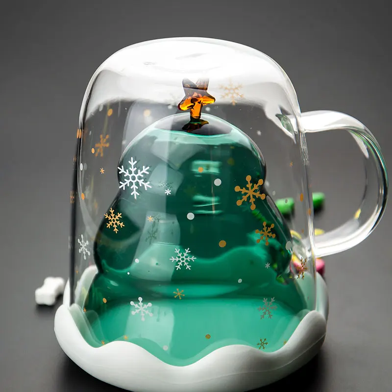 Online shop hot sales New Design Double Wall christmas tree glass cup with handle