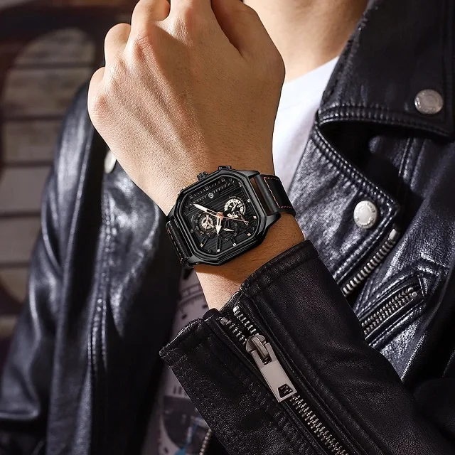 CRRJU Fashion Square Dial Leather Mens Sport Waterproof Chronograph Quartz Watch