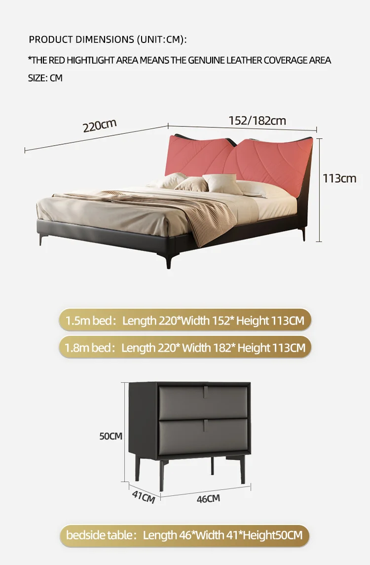 Italian minimalist luxury leather bed frame headboard cowhide bed room set storage puff soft bag leather bed frame king