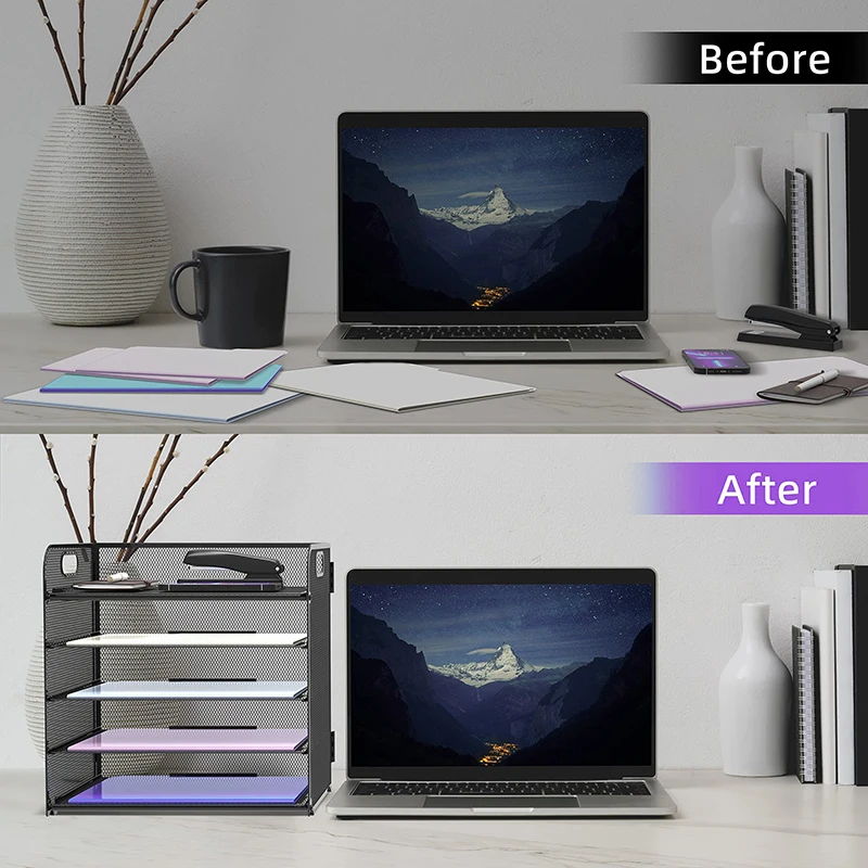Wholesale Desktop Paper Document File Tray 5 Tier Metal Wire Mesh Office File Organizer With Handle