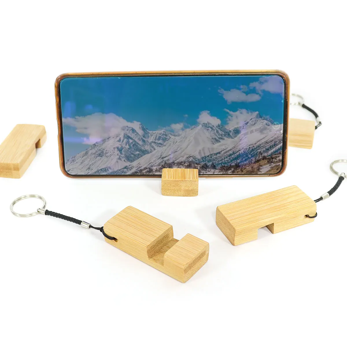 competitive price custom logo bamboo wooden light cell phone ring holder stand with keychain