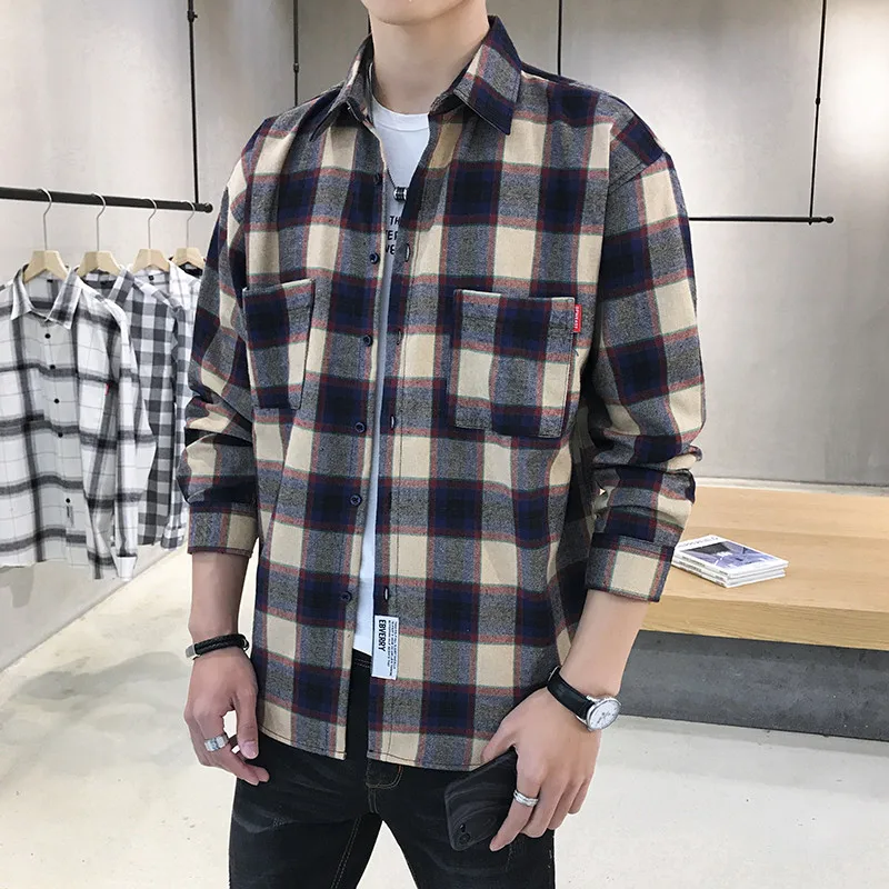 
Wholesale Fashion Checked Plaid Shirts Cotton Loose Plaid Shirts Men 