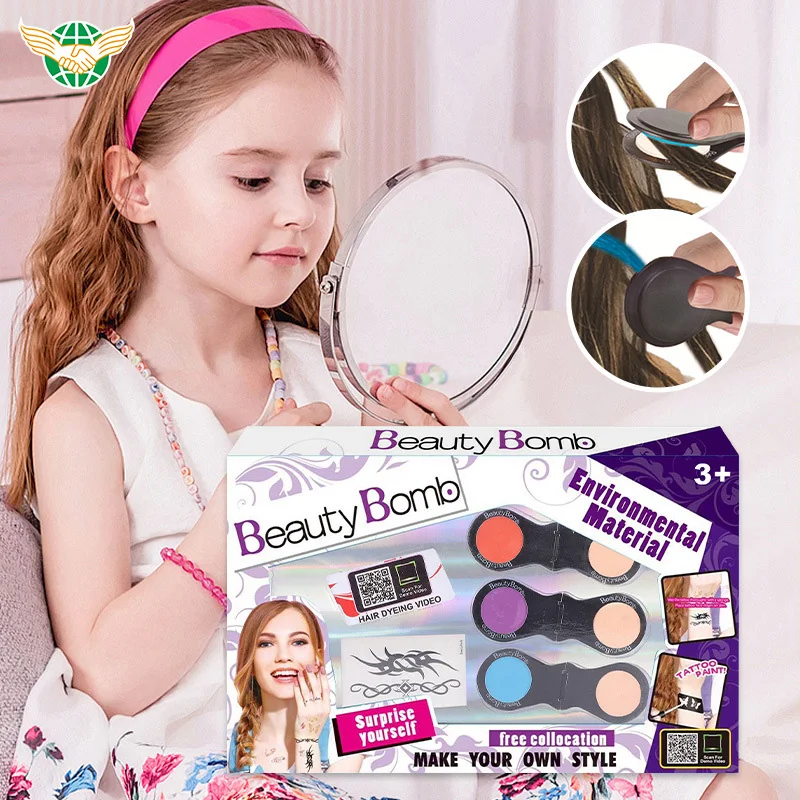Best Selling Children Girls Toys Makeup Hair Dye Wig Tattoo Kit Beauty Pretend Play Set