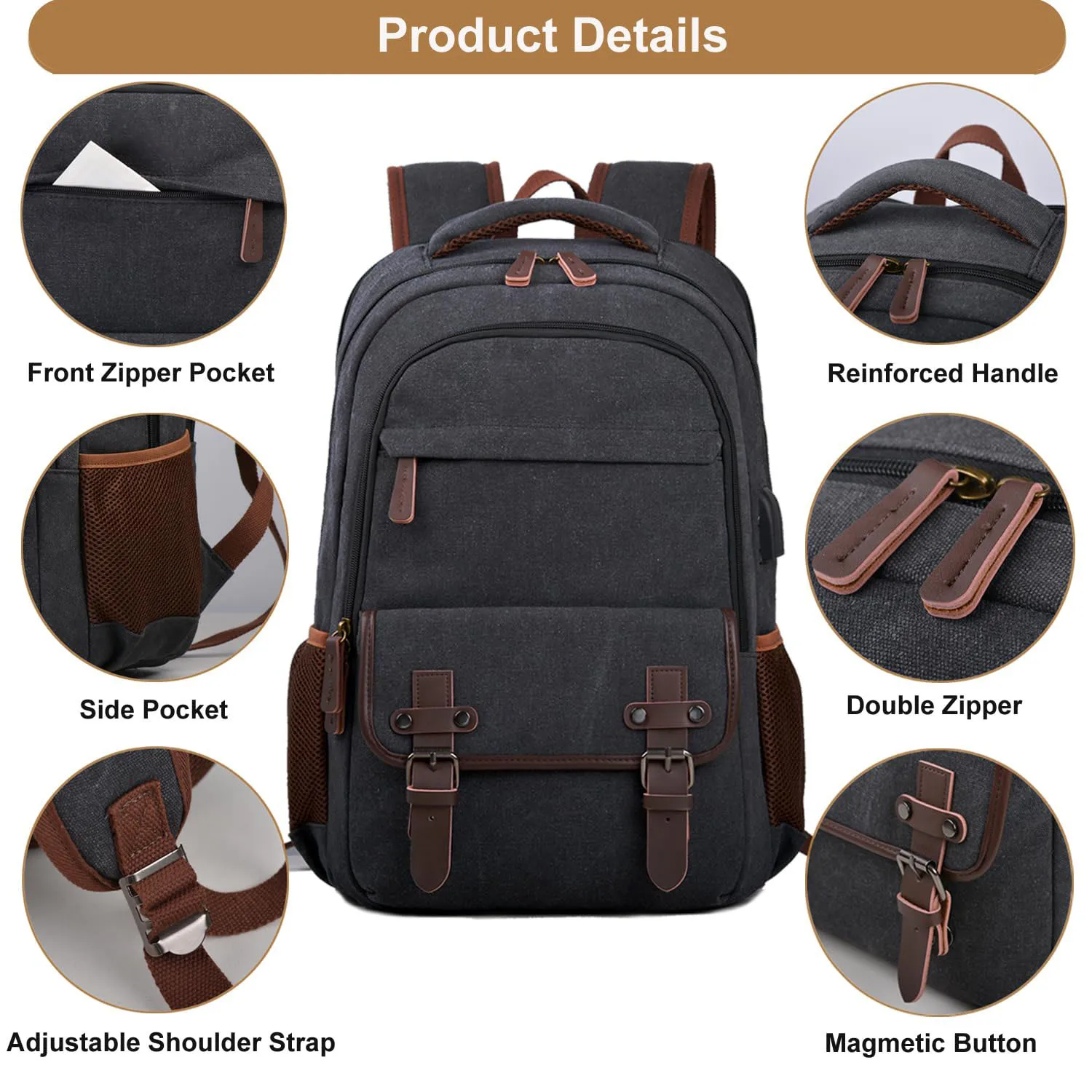 Canvas Travel Laptop Backpack Business Rucksack College Computer Bag Fits 15.6 Inch Notebook,Bookbag with USB Charging Port