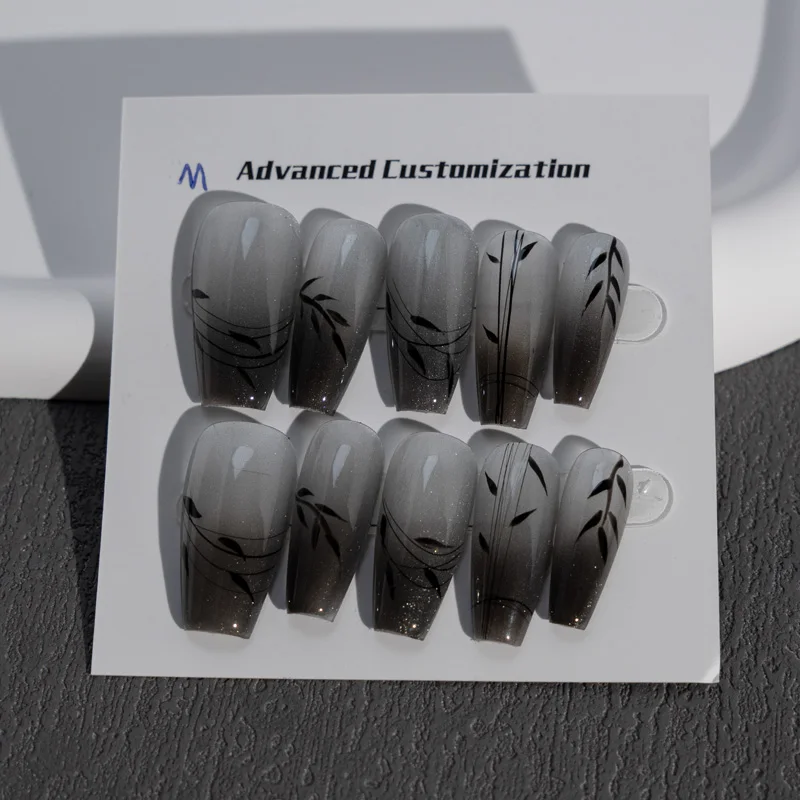 High quality wholesale prices gradient Chinese style ink painting artificial hand painted bamboo false nails