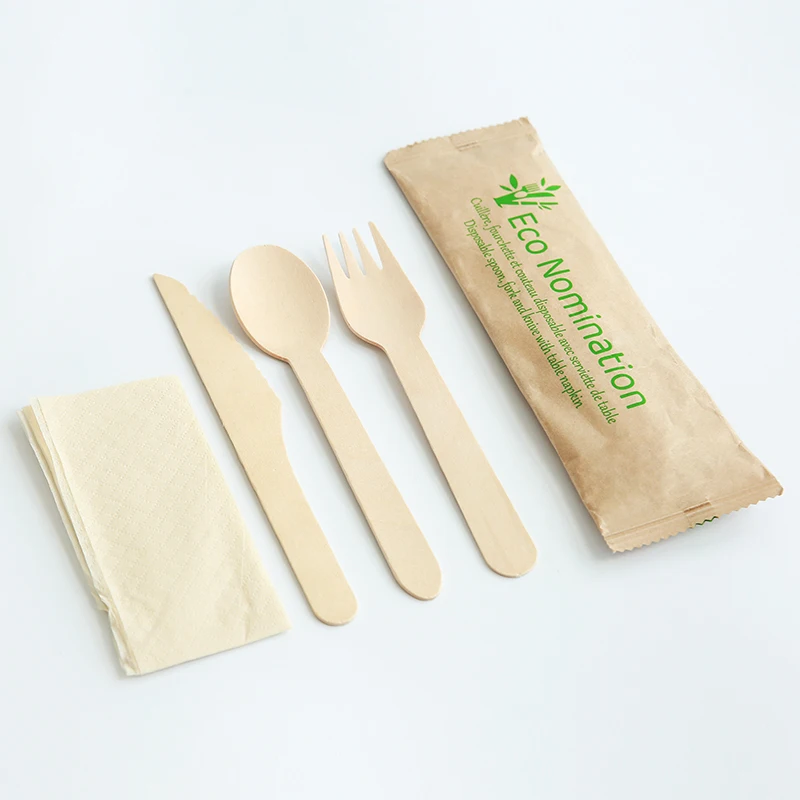 Biodegradable disposable cutlery wooden cutlery set wooden cutlery kit with paper