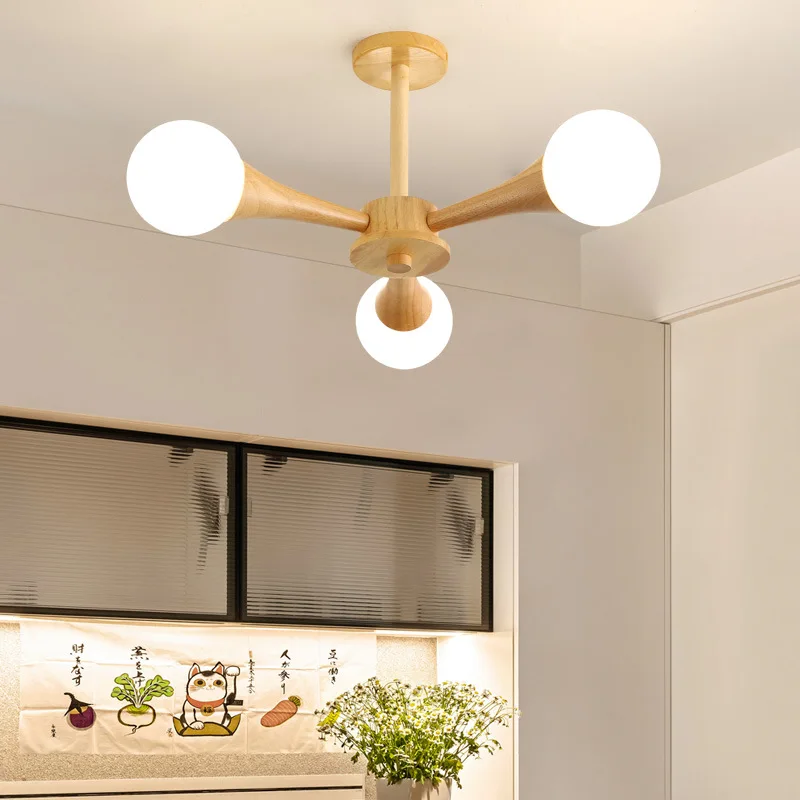 Nordic style Japanese wood color magic bean small living room bedroom lamp creative personality modern chandelier