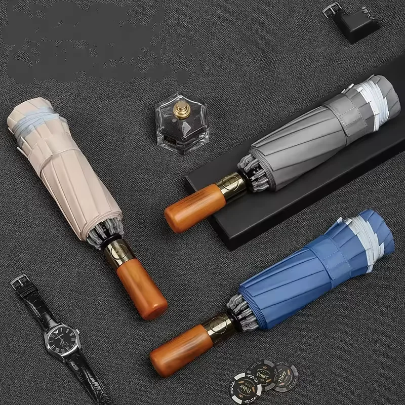 Wholesale Anti Drip Wrap Edge Reflective Strip Ancient Copper Handle Reverse Inverted Umbrella Business Car Umbrella