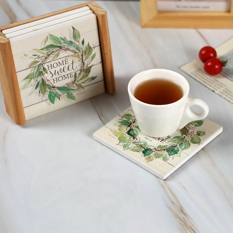 Wholesale customization square marble absorbent ceramic coasters for drinks cup mat in wooden holder