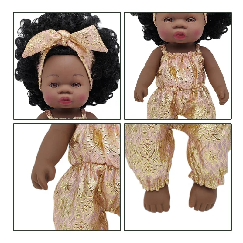 Realistic African American Baby Dolls Lifelike Girl 14 Inch vinyl black doll with Feeding Kit & Gift Box Best Birthday Set