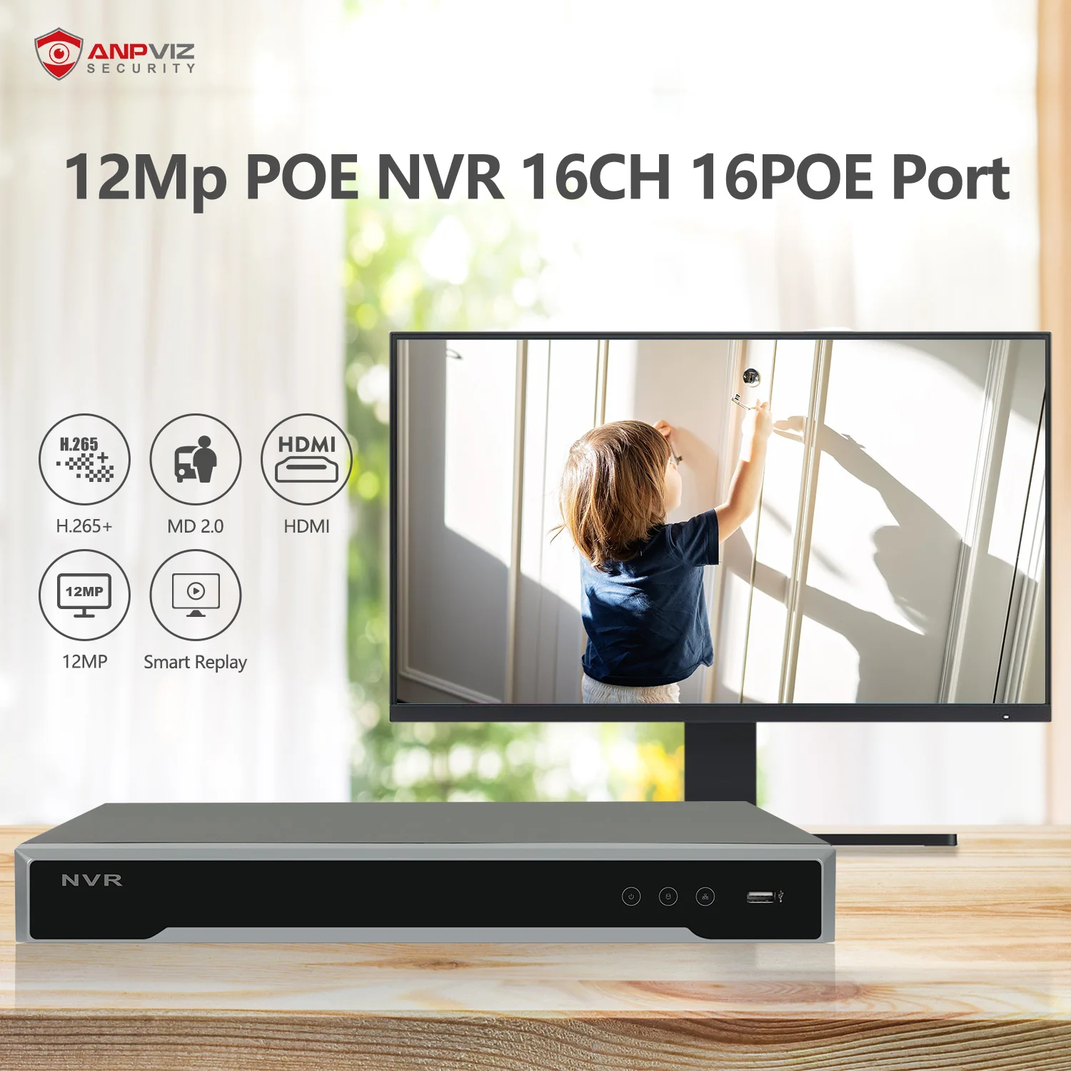Anpviz 12Mp POE Network Video Recorder 16Ch/16Poe NVR 2SATA Max 20TB Storage AI Motion Detection 24/7 Recording H265+