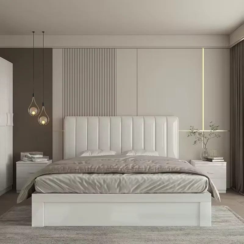 High quality Yifan 1.8 M large bed set furniture with wardrobe dresser bedside table modern cream style MDF bedroom set