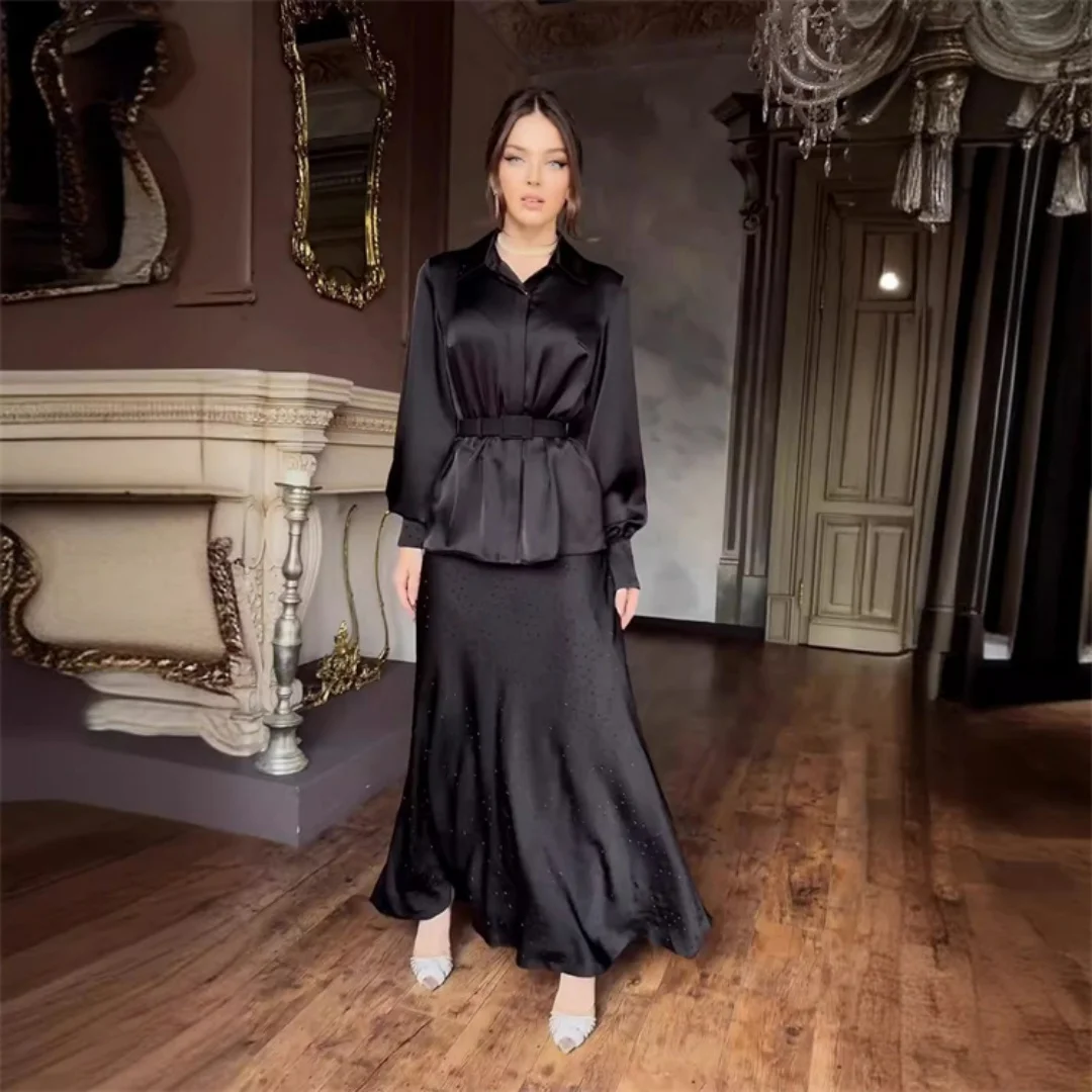 New suit shirt press drill skirt suit fashion blouse casual skirt two-piece set