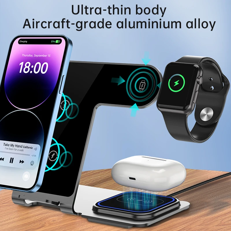 High quality whole Alloy 3 in 1 wireless  charger  desktop 15W fast wireless charging stand