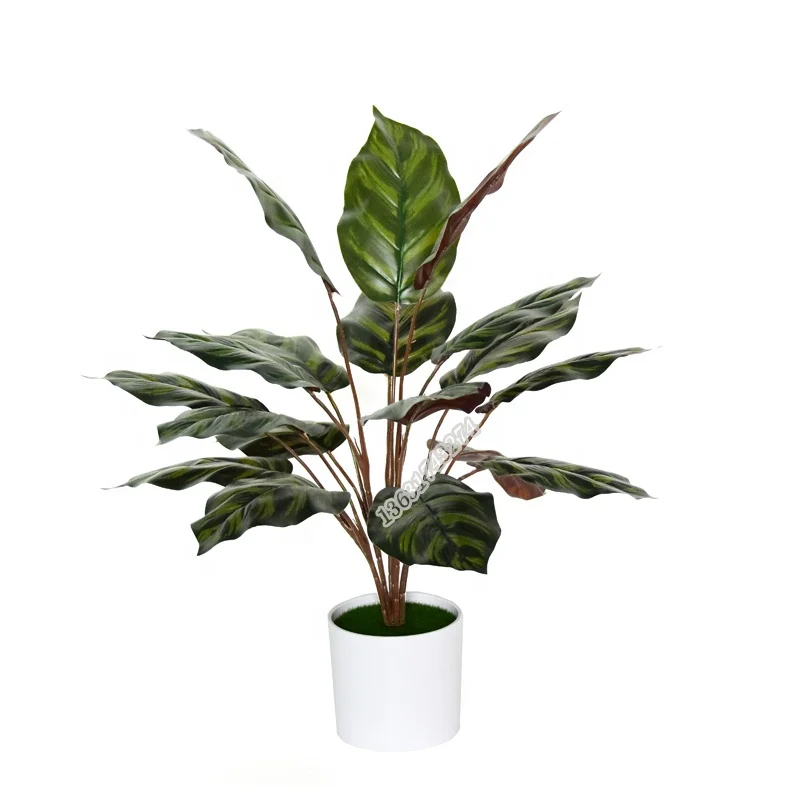 Factory wholesale cheap red Calathea fake plant artificial leaves for pot decoration
