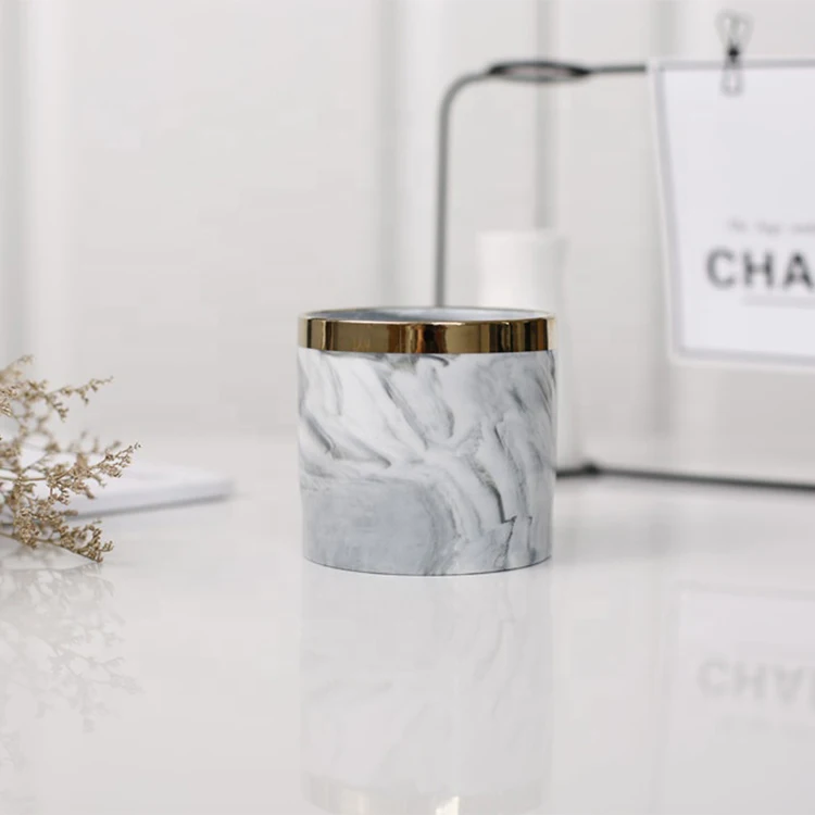 Wholesale cylinder customizable cheap price wedding decorative marble unique ceramic luxury candle jars with iron rack