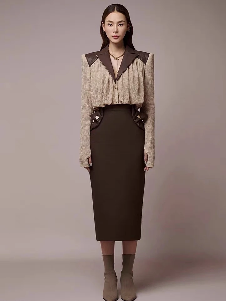 High-grade leather patchwork fashion two pieces set temperament lapel shirt coffee color slit skirt set