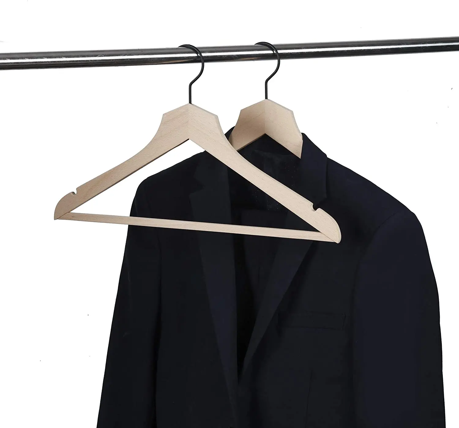 Non Lacquer Slim Wood Coat Jacket Hanger with Pants Bar Extra Space Saving Natural Stylish Thin Solid Wooden Suit Hangers