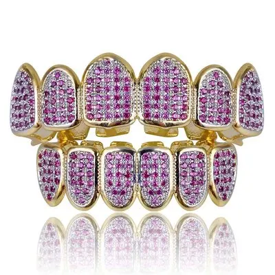 Hip Hop Teeth Grillz Micro Pave Fuchsia CZ Stone Iced Out Top Bottom Set Vampire Mouth Bling Jewelry