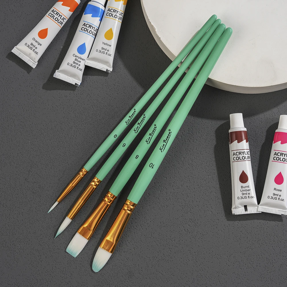 Xin Bowen 4 Pieces Macaron Handle Intermediate Paintbrushes Set Acrylic Watercolor and Oil Artist Painting Gouache Art Brush