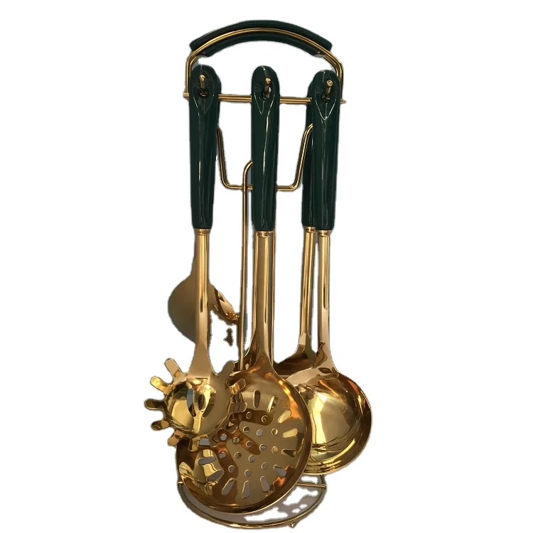 Hot Sale Luxury Utensil Set Kitchenware 7pcs Stainless Steel Kithchen Set Gold Plated Cookware Ceramic Handle Utensil Set