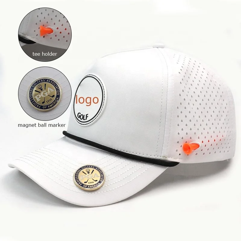 HN10 laser cut hole perforated rubber patch logo cap with rope 5 panel waterproof tee holder magnet ball marker custom golf hat