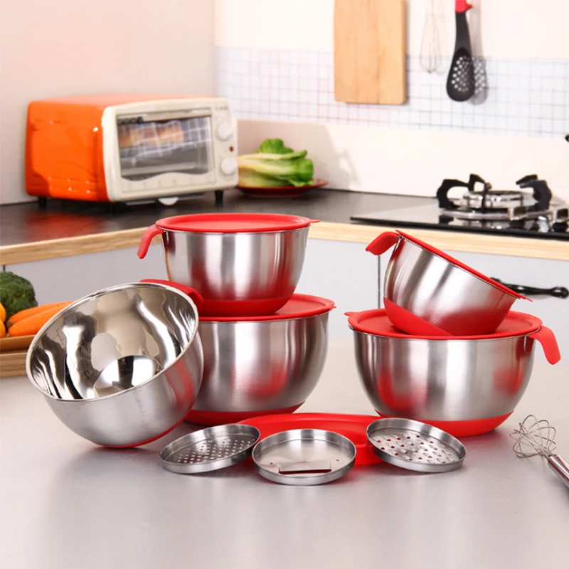 
Amazon Hot Sale Stainless steel non-slip silicone bottom cooking bowl mixing bowl salad bowl with grater and cover 
