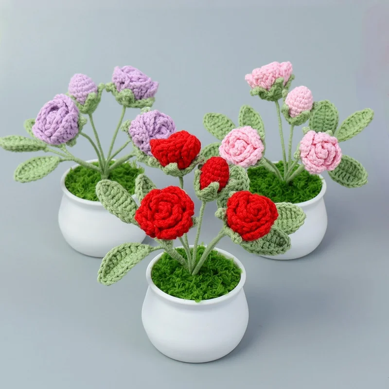 H172 Handmade Knitted Roses Potted Plants Home Furnishings Knitted Simulation Flowers Wool Crochet Sunflower Bouquet Gift