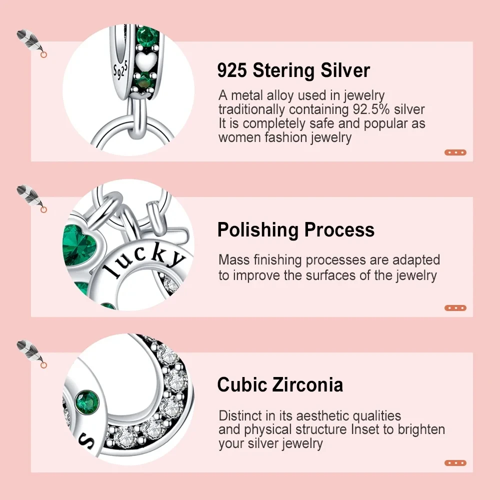 Fashion Real 925 Silver Zircon Charms Horseshoe Pendant Four Leaf Clover Lucky Charm Beads for Necklace Bracelet Making Jewelry